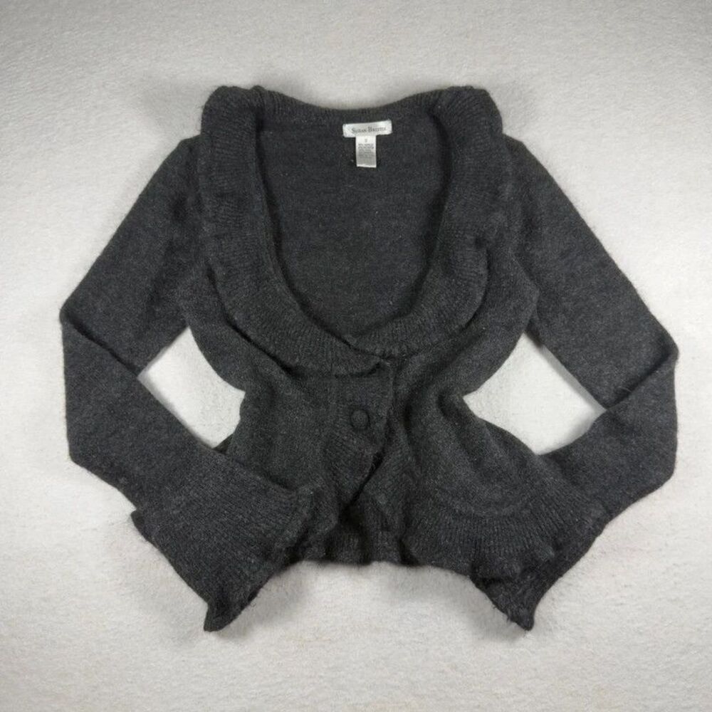 Y2K Susan Bristol Gray Ruffle Wool Blend Peplum Cardigan Sweater